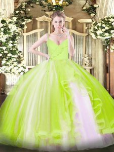 Low Price Tulle Spaghetti Straps Sleeveless Zipper Ruffles Quinceanera Dresses in Yellow Green