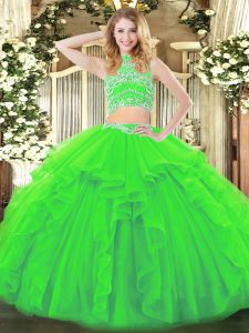 Colorful Sweet 16 Dresses Military Ball and Sweet 16 and Quinceanera with Beading and Ruffles High-neck Sleeveless Backless