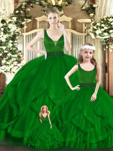 Suitable Beading and Ruffles Vestidos de Quinceanera Green Zipper Sleeveless Floor Length