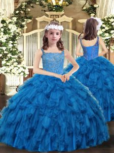 Ball Gowns Little Girl Pageant Gowns Blue Straps Organza Sleeveless Floor Length Lace Up