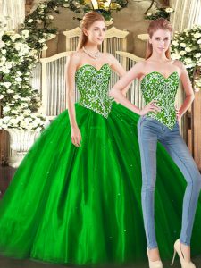 Dramatic Green Sleeveless Floor Length Beading Lace Up Vestidos de Quinceanera