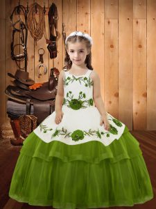 Olive Green Organza Lace Up Straps Sleeveless Floor Length Kids Pageant Dress Embroidery and Ruffled Layers