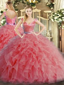 Adorable Sleeveless Floor Length Ruffles Zipper 15th Birthday Dress with Watermelon Red
