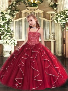 Affordable Red Little Girls Pageant Dress Wholesale Sweet 16 and Quinceanera with Beading and Ruffles Straps Sleeveless Lace Up