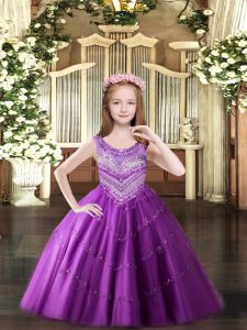 Amazing Lilac Tulle Lace Up Kids Formal Wear Sleeveless Floor Length Beading