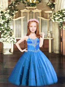 Hot Selling Baby Blue Ball Gowns Spaghetti Straps Sleeveless Tulle Floor Length Lace Up Beading Pageant Dress Toddler