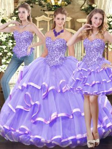 Lavender Sweetheart Zipper Appliques and Ruffled Layers Quince Ball Gowns Sleeveless