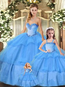 Fashionable Baby Blue Organza Lace Up Sweetheart Sleeveless Floor Length 15th Birthday Dress Beading and Ruffled Layers
