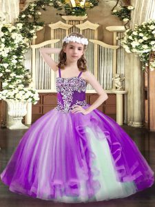 Custom Fit Purple Lace Up Straps Appliques Pageant Gowns For Girls Tulle Sleeveless