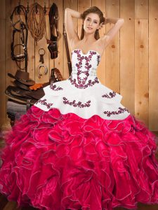 Hot Pink Satin and Organza Lace Up Sweet 16 Dress Sleeveless Floor Length Embroidery and Ruffles