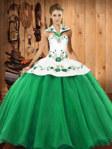 Latest Ball Gowns Quinceanera Gowns Green Halter Top Satin and Tulle Sleeveless Floor Length Lace Up