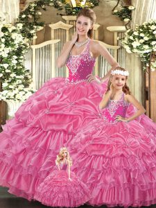Luxury Ruffles and Pick Ups Ball Gown Prom Dress Rose Pink Lace Up Sleeveless Floor Length