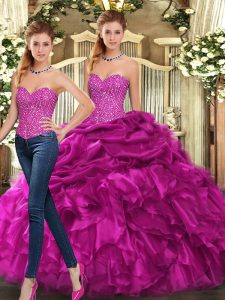 Adorable Fuchsia Sleeveless Beading and Ruffles Floor Length Ball Gown Prom Dress