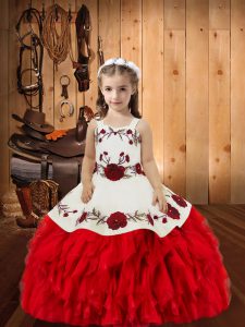 Custom Made Red Ball Gowns Embroidery and Ruffles Kids Formal Wear Lace Up Organza Sleeveless Floor Length