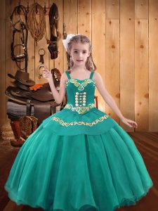 Adorable Teal Winning Pageant Gowns Organza Sleeveless Embroidery and Ruffles