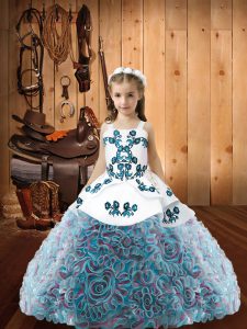 Sleeveless Fabric With Rolling Flowers Floor Length Lace Up Little Girl Pageant Dress in Multi-color with Embroidery