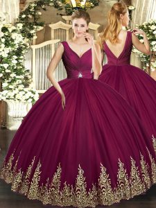 Nice Burgundy Backless V-neck Beading and Appliques and Ruching Quince Ball Gowns Tulle Sleeveless