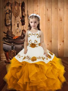 Gold Straps Neckline Embroidery and Ruffles Pageant Dress Womens Sleeveless Lace Up
