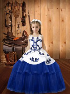 New Style Blue Tulle Lace Up Kids Formal Wear Sleeveless Floor Length Embroidery