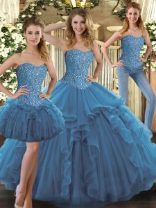 Sleeveless Tulle Floor Length Lace Up Quince Ball Gowns in Teal with Beading and Ruffles