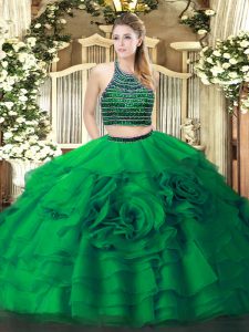 Green Sleeveless Floor Length Beading and Ruffled Layers Zipper 15 Quinceanera Dress