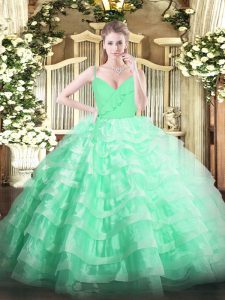 Attractive Sleeveless Organza Floor Length Zipper Quinceanera Dress in Apple Green with Ruffled Layers