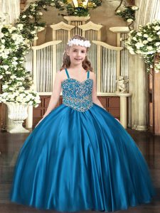 Blue Satin Lace Up Little Girls Pageant Dress Wholesale Sleeveless Floor Length Beading
