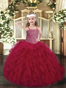 Exquisite Wine Red Ball Gowns Beading and Ruffles Pageant Gowns For Girls Lace Up Tulle Sleeveless Floor Length