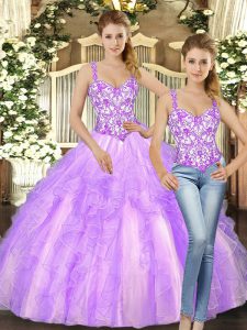 Lilac Ball Gowns Straps Sleeveless Organza Floor Length Lace Up Beading and Ruffles 15 Quinceanera Dress