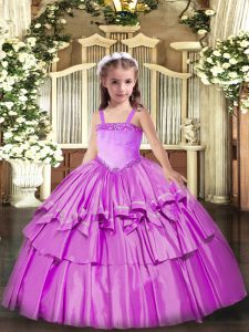 Eye-catching Organza Straps Sleeveless Lace Up Appliques and Ruffled Layers Girls Pageant Dresses in Lilac