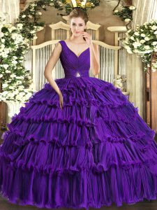 Latest Organza Sleeveless Floor Length 15th Birthday Dress and Beading and Ruffled Layers