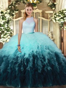 Noble Ball Gowns Quinceanera Dresses Multi-color High-neck Tulle Sleeveless Floor Length Backless
