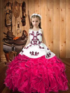 Straps Sleeveless Lace Up Pageant Gowns For Girls Hot Pink Organza