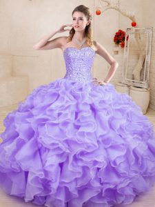 Dazzling Lavender Ball Gowns Beading and Ruffles 15 Quinceanera Dress Lace Up Organza Sleeveless Floor Length