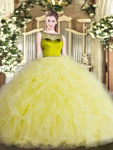 Best Sleeveless Floor Length Beading and Ruffles Zipper Quinceanera Dress with Yellow