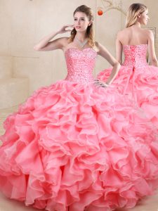 Suitable Floor Length Ball Gowns Sleeveless Watermelon Red Quince Ball Gowns Lace Up