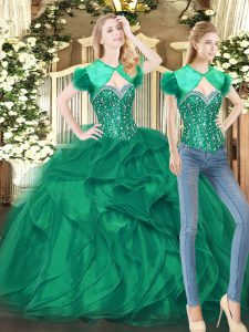 Dark Green Sleeveless Tulle Lace Up 15th Birthday Dress for Military Ball and Sweet 16 and Quinceanera