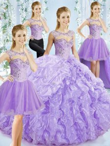 Noble Beading and Ruffled Layers Vestidos de Quinceanera Lavender Lace Up Sleeveless Brush Train