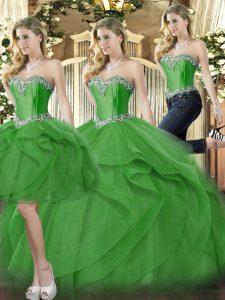 Cheap Green Organza Lace Up Sweetheart Sleeveless Floor Length Quinceanera Gown Beading and Ruffles