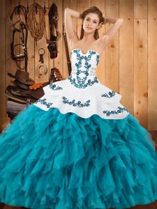 Fine Teal Vestidos de Quinceanera Military Ball and Sweet 16 and Quinceanera with Embroidery and Ruffles Strapless Sleeveless Lace Up