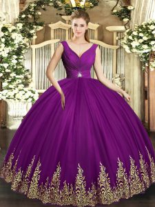 Eggplant Purple Ball Gowns Tulle V-neck Sleeveless Beading and Appliques and Ruching Floor Length Backless Ball Gown Prom Dress