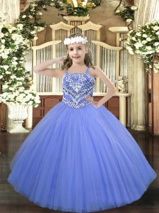 Beading Little Girl Pageant Gowns Blue Lace Up Sleeveless Floor Length