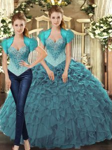 Ball Gowns Vestidos de Quinceanera Teal Straps Tulle Sleeveless Floor Length Lace Up