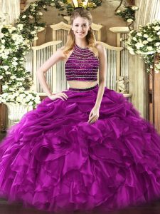 Simple Fuchsia Sleeveless Beading and Ruffles Floor Length Sweet 16 Dress