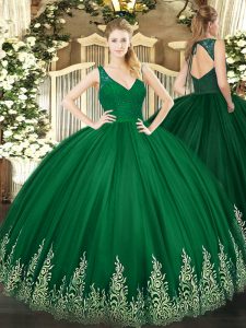 High Class Dark Green Tulle Backless V-neck Sleeveless Floor Length Vestidos de Quinceanera Beading and Lace and Appliques