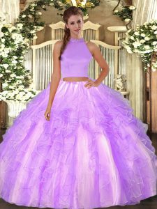 Glamorous Floor Length Lavender Quince Ball Gowns Organza Sleeveless Beading and Ruffles