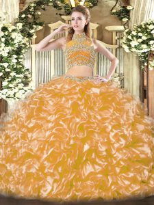 Fashion High-neck Sleeveless Backless Quinceanera Dress Gold Tulle