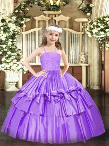 Lavender Zipper Straps Beading and Lace and Ruffled Layers Child Pageant Dress Organza Sleeveless