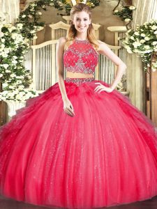 Cheap Red Tulle Zipper Quinceanera Gowns Sleeveless Floor Length Beading and Ruffles
