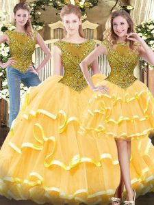 Inexpensive Gold Ball Gowns Scoop Sleeveless Tulle Floor Length Zipper Beading and Ruffled Layers Quinceanera Dresses